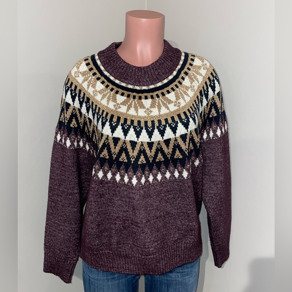 Tommy Hilfiger Half-Snowflake Raglan Sweater Maroon and Cream Knit. 1X